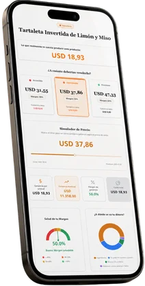 Interfaz de la app TuROI mostrando la ganancia real, el precio recomendado y el margen de un producto gastronómico